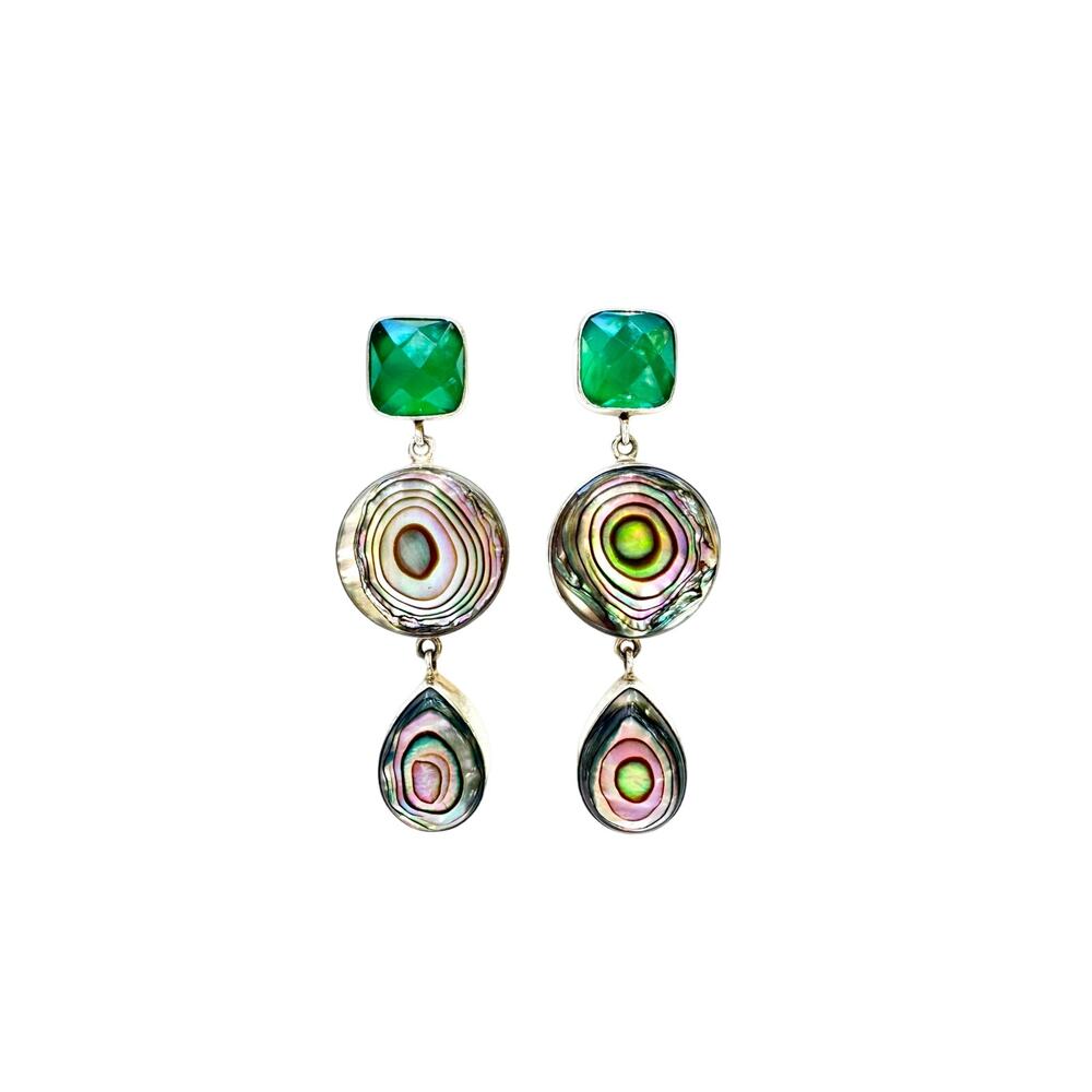 Green Onyx Abalone Sterling 925 Silver Handmade Dangle Earrings 2.5 inch